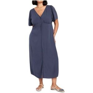 Old Navy Blue Volcanic Glass Waist Defined Midi Dress Sz XL Boho V Neck Peasant